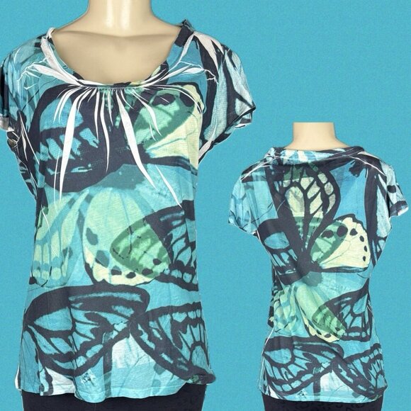 DKNY Jeans S Navy-Teal Abstract Print Scoop Neckline Flutter Sleeve T-Shirt - Picture 1 of 6
